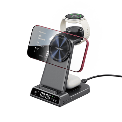 3-in-1 Garmin watch iphone 18 pro and earbuds charging dock with LED clock SwanScout C02GM