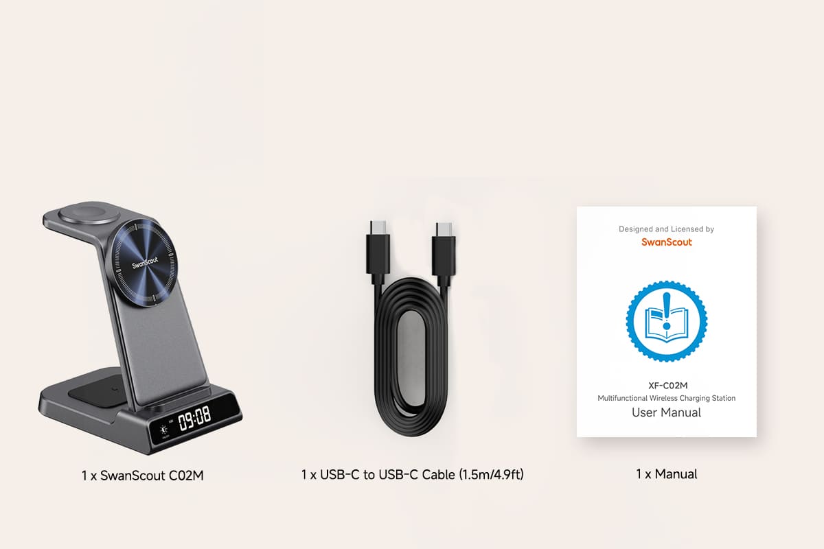 Wireless charging station package includes charger USB cable user manual MagSafe charging kit iPhone Apple Watch AirPods SwanScout C02M