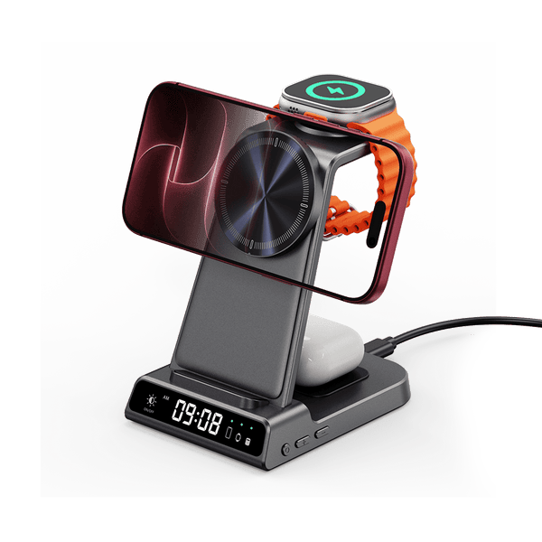 Apple wireless charger holding iPhone 18 Pro horizontally and Apple Watch SwanScout C02M