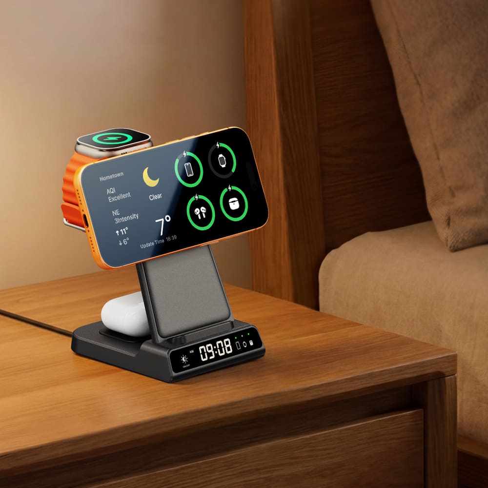 Wireless charging station bedside nightstand setup charging iPhone Apple Watch AirPods night use MagSafe charger SwanScout C02M