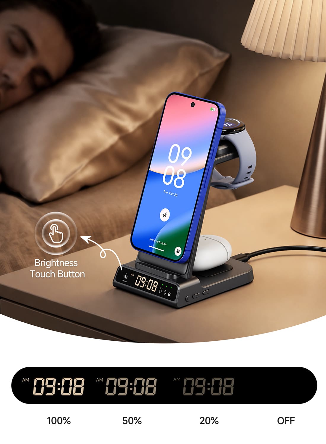 SwanScout C02MG4 charging a Pixel phone and watch and earbuds on a nightstand with adjustable clock brightness