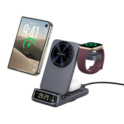 Wireless car charger powering iPhone Duo earbuds and watch with SwanScout S10025M