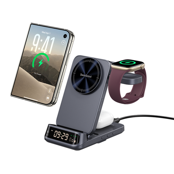Wireless car charger powering iPhone Duo earbuds and watch with SwanScout S10025M
